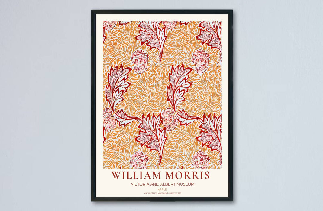 Historic poster print of the famous William Morris Apple design, showing fine museum exhibition text at the base and full botanical artistry across the main sheet for decorative wall display.