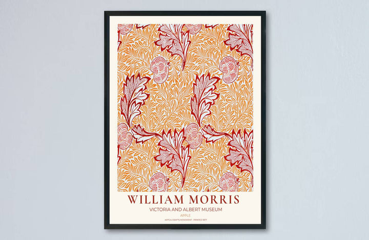 Historic poster print of the famous William Morris Apple design, showing fine museum exhibition text at the base and full botanical artistry across the main sheet for decorative wall display.