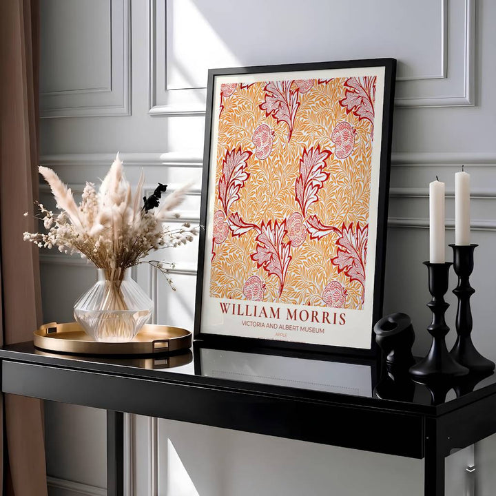 Elegant William Morris floral print capturing an 1877 vintage exhibition design with terracotta apple motifs and orange leaf details to enhance traditional or modern home interior design.