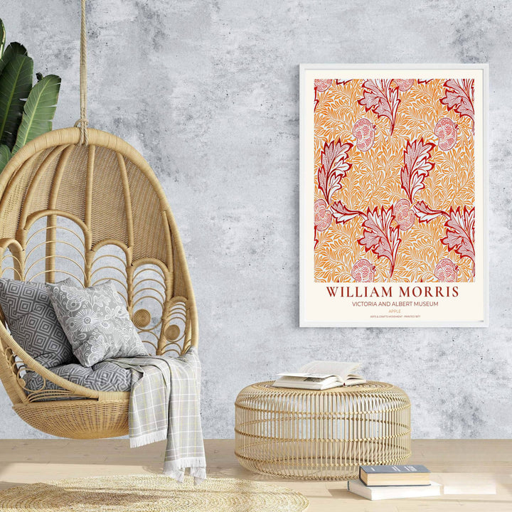 Authentic Arts and Crafts Apple design print by William Morris, bringing organic energy, refined English heritage art, and warm terracotta contrast into cozy home living spaces.