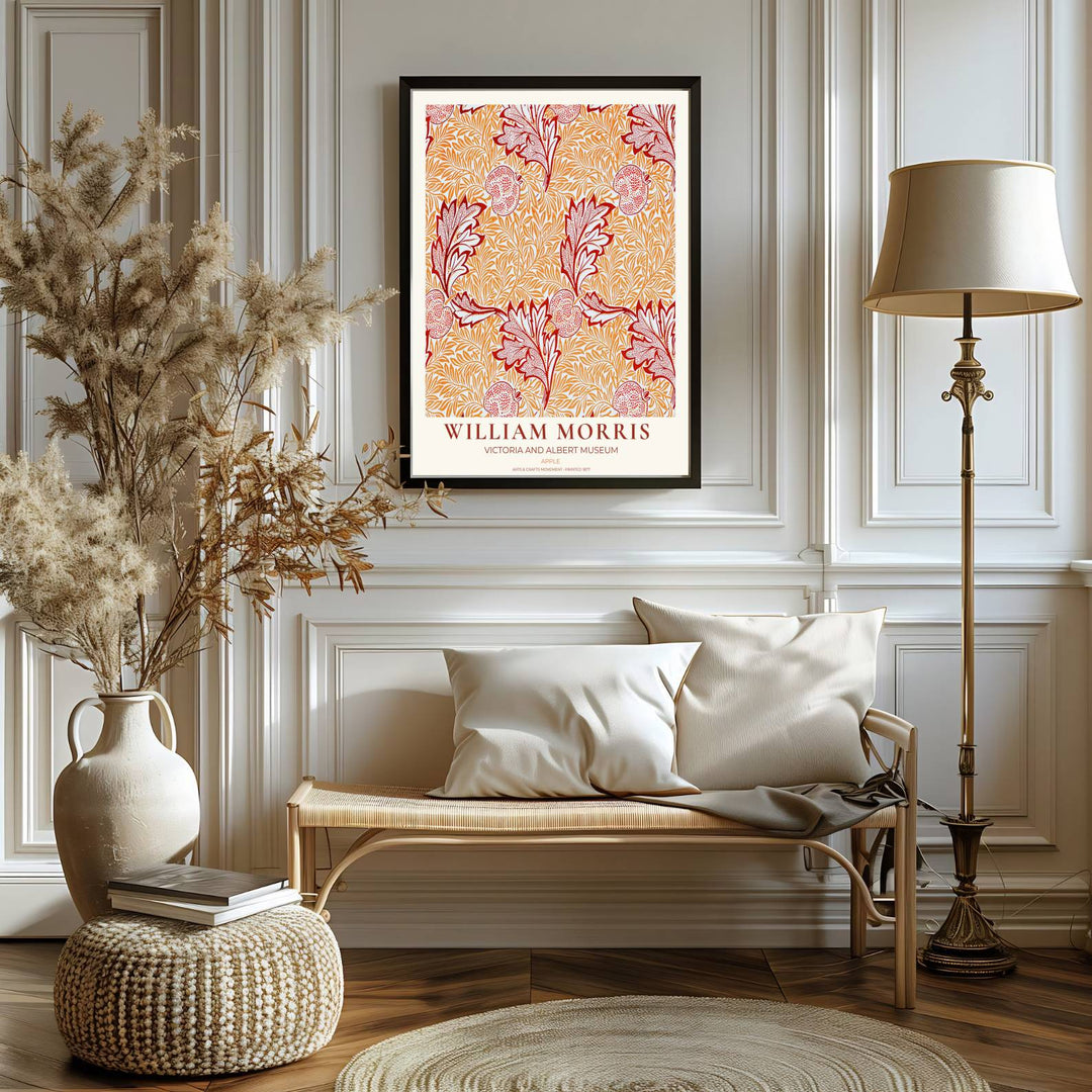Authentic Arts and Crafts Apple design print by William Morris, bringing organic energy, refined English heritage art, and warm terracotta contrast into cozy home living spaces.