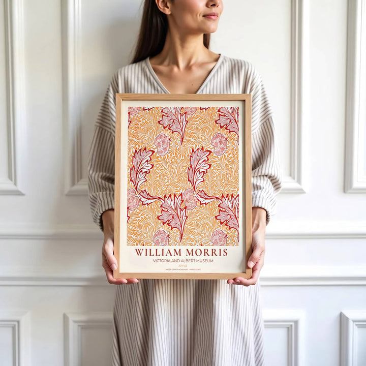 Fine graphic print featuring the detailed textile art of William Morris titled Apple, serving as a sophisticated centerpiece for Victorian, cottagecore, or warm-toned room decor themes.