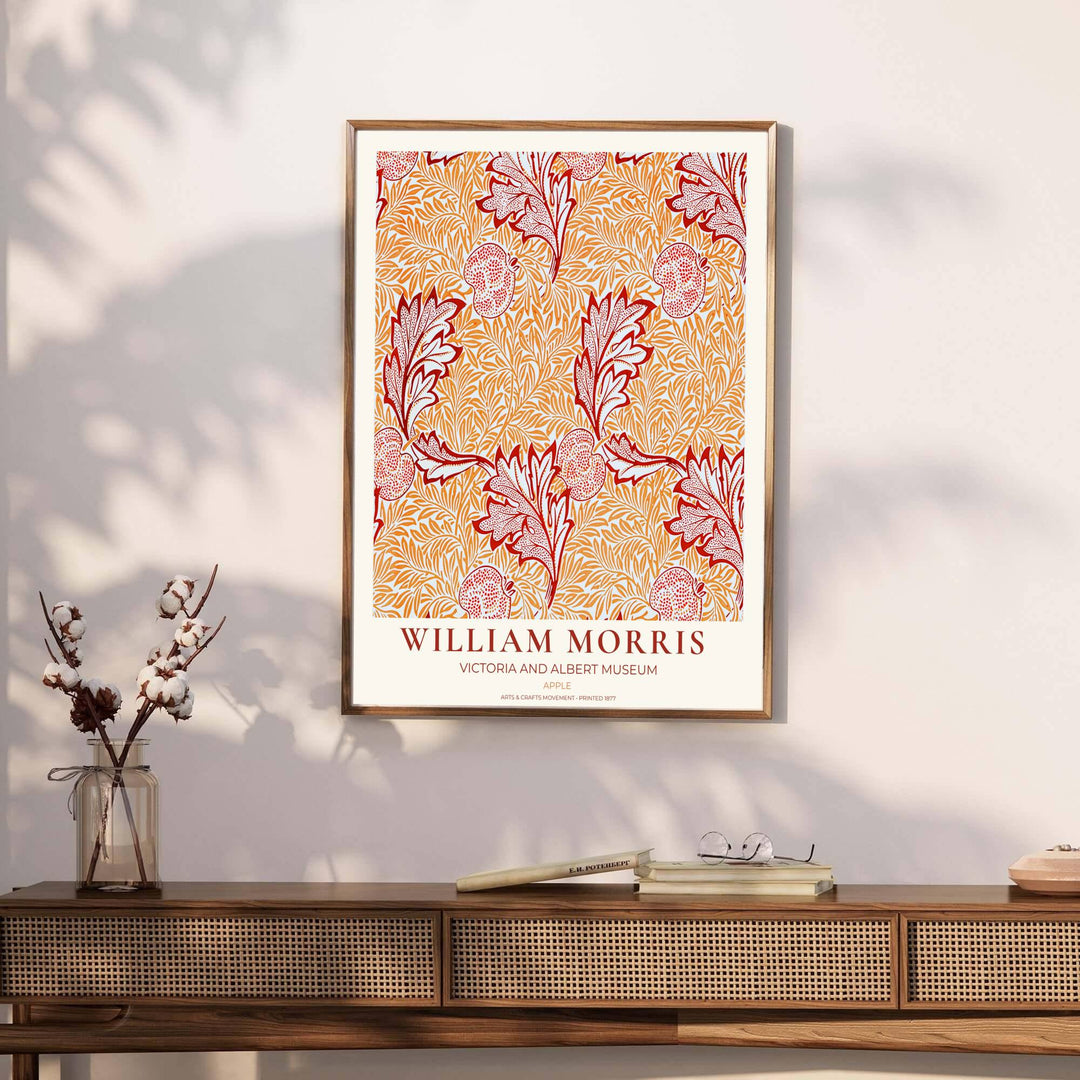 Archival visual print featuring William Morris Apple foliage patterns, offering clean museum text borders and dense leaf movement suitable for home library, hallway, or study accent walls.