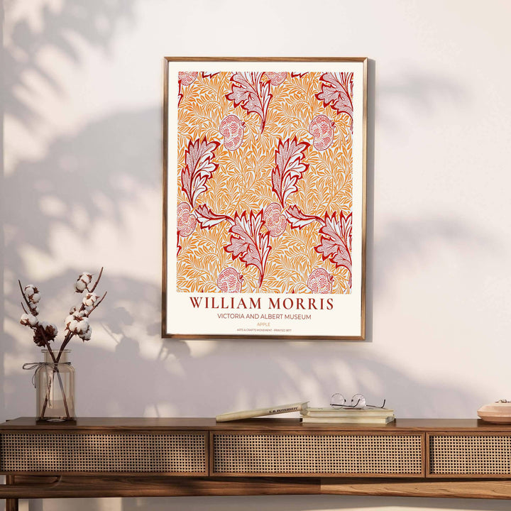 Archival visual print featuring William Morris Apple foliage patterns, offering clean museum text borders and dense leaf movement suitable for home library, hallway, or study accent walls.