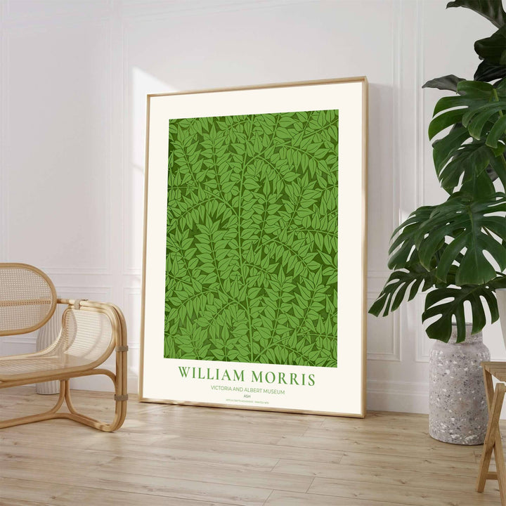 Fine art print showcasing the intricate leaf detailing of William Morris Ash, offering a tranquil biophilic aesthetic with natural green foliage for living room decor.