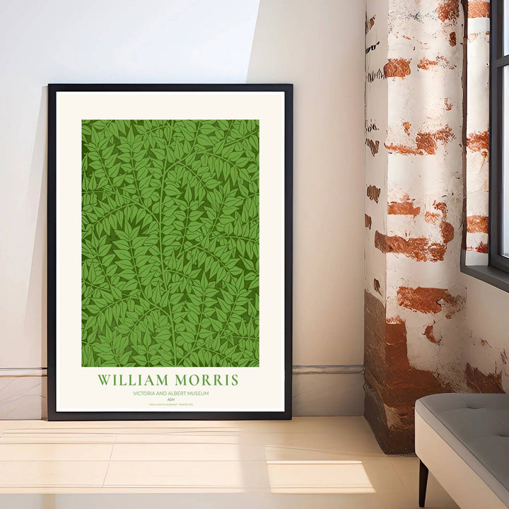 Modern decorative floral print of William Morris Ash featuring detailed ash tree leaves and dense background patterns, ideal for contemporary wall decoration and light filled living areas.