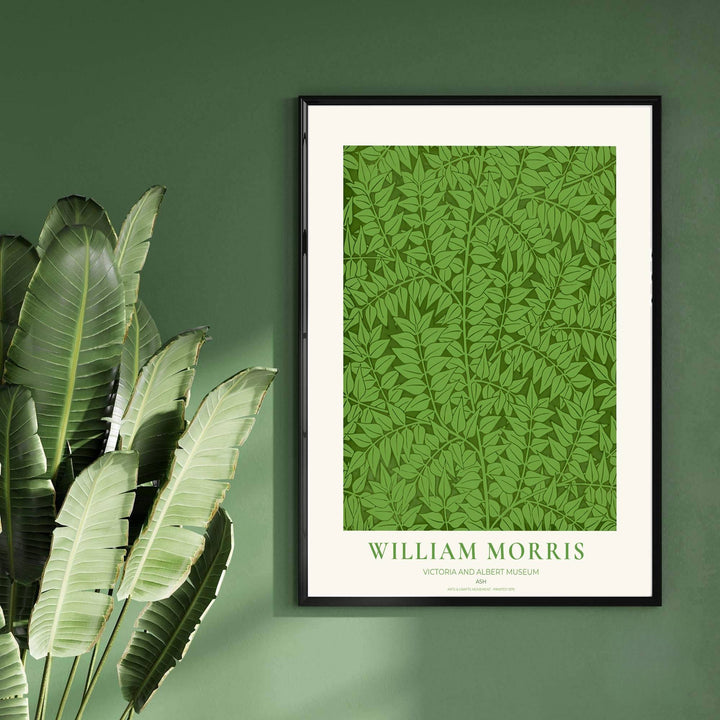 Detailed botanical artwork print displaying the famed Ash pattern by William Morris, expertly rendered to highlight historic textile elements and artistic craftsmanship for stylish home decor.