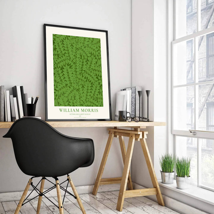 Timeless William Morris Ash botanical art print, combining fluid vintage movement with historic exhibition typography elements to suit versatile living room and bedroom interior decorating themes.