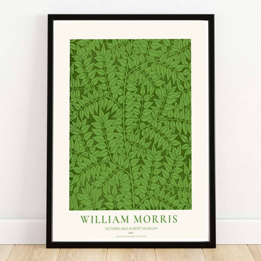 Timeless William Morris Ash botanical art print, combining fluid vintage movement with historic exhibition typography elements to suit versatile living room and bedroom interior decorating themes.