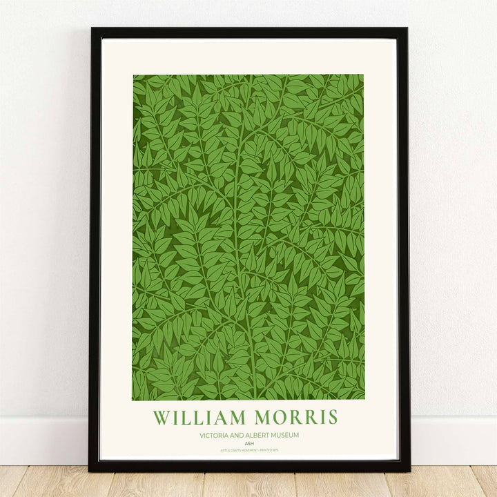 Timeless William Morris Ash botanical art print, combining fluid vintage movement with historic exhibition typography elements to suit versatile living room and bedroom interior decorating themes.