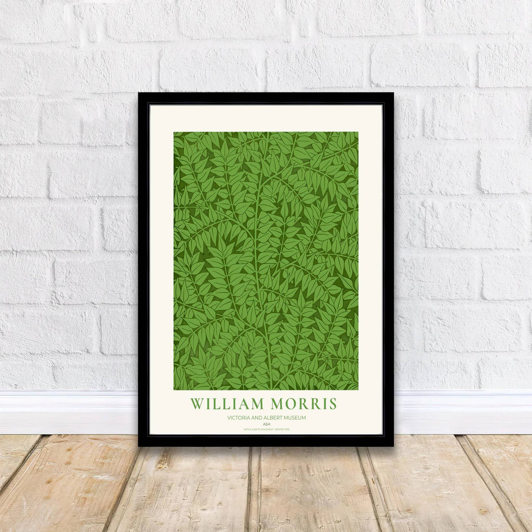 Sophisticated William Morris Ash floral poster print, designed to coordinate with neutral home accents, green tones, and nature inspired botanical wall art gallery layout compositions.