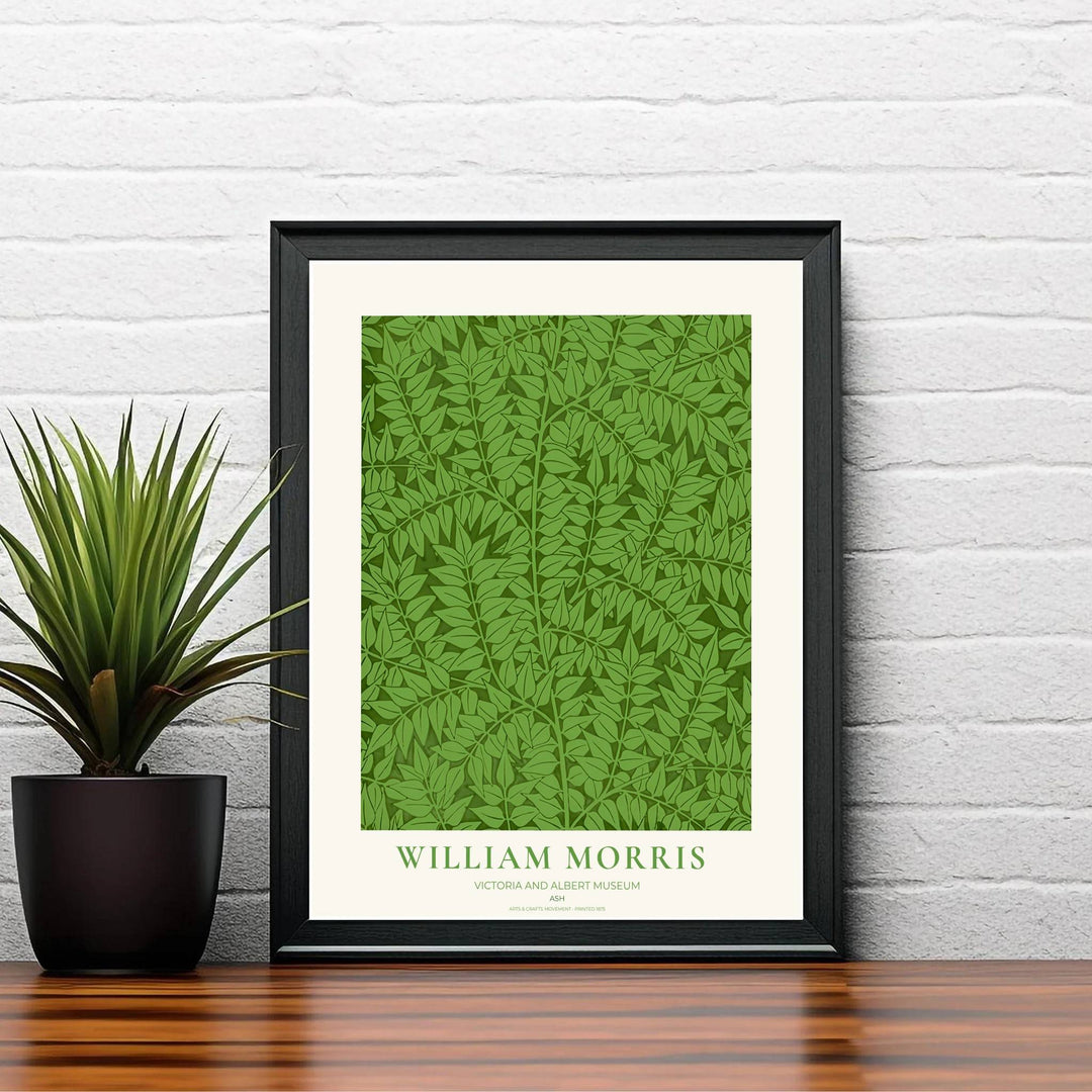 Historic artwork print of William Morris Ash, capturing stylized leaf silhouettes, rich forest shading, and dense green foliage backgrounds suited for bedroom, hallway, and office wall spaces.