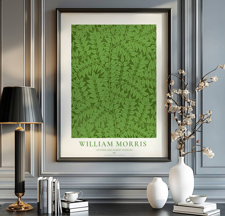 Detailed botanical illustration print displaying the dense foliage movement and overlapping ash leaves of William Morris, perfect for energetic wall arrangements and modern gallery collections.