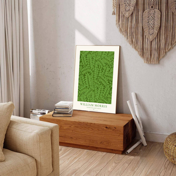 Historic poster print of the famous William Morris Ash design, showing fine museum exhibition text at the base and full botanical artistry across the main sheet for decorative wall display.
