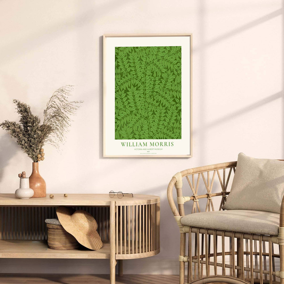High definition graphic print of the renowned Ash design by William Morris, showcasing lush foliage details and vibrant green tones for lasting aesthetic appeal in residential spaces.