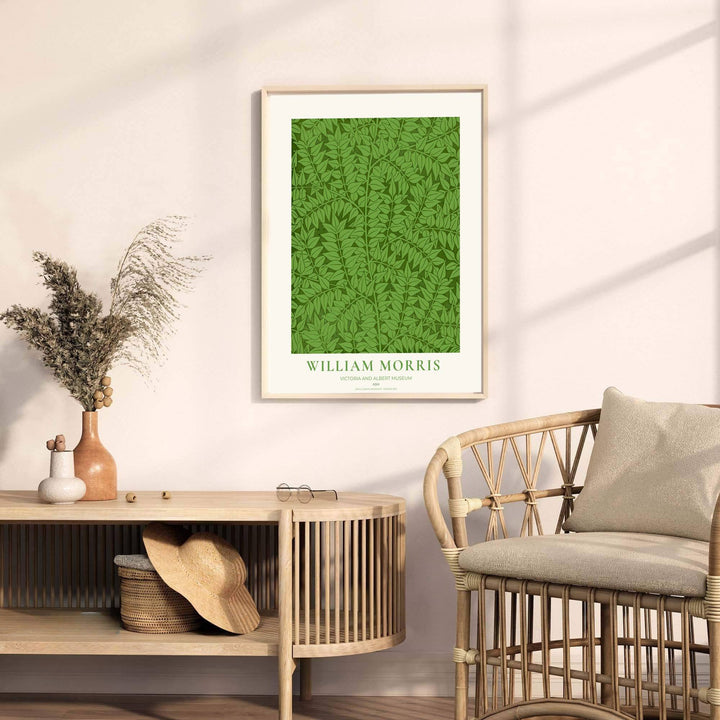 High definition graphic print of the renowned Ash design by William Morris, showcasing lush foliage details and vibrant green tones for lasting aesthetic appeal in residential spaces.