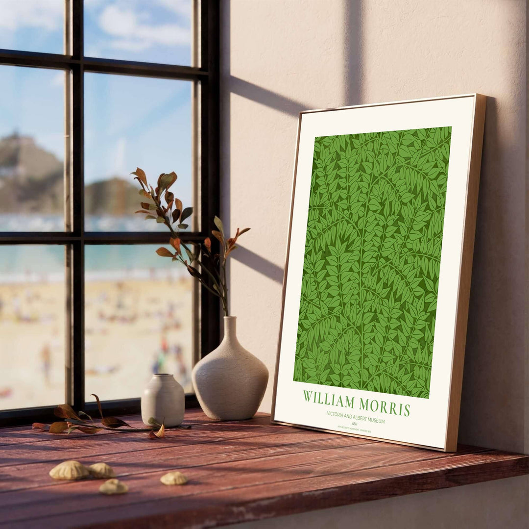 High quality art print showing William Morris Ash vintage botanical artwork, meticulously produced to ensure long lasting color stability and stunning visual appeal in modern home interiors.