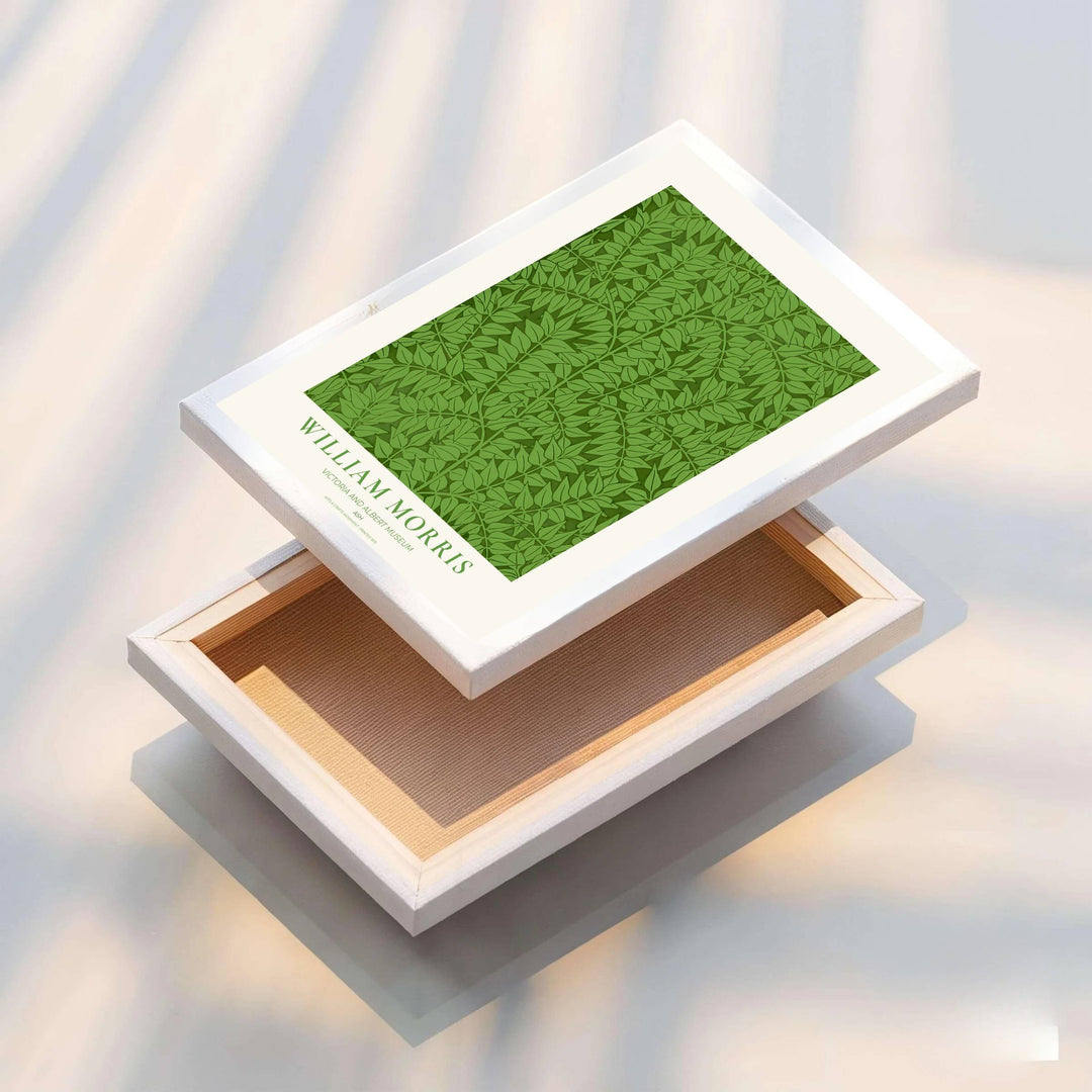 Detailed artwork print rendition of the iconic William Morris Ash poster, highlighting rich forest green, sage, and olive tones ideal for study and home office focal points.