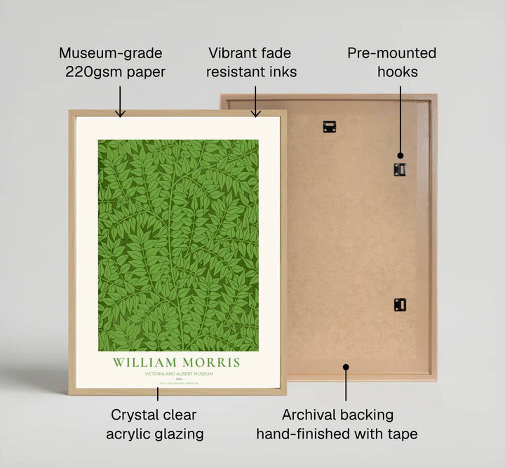 Decorative artwork print of William Morris Ash featuring dense leaf background fills, forest green highlights, and a clean cream border suitable for luxury interior styling and wall displays.