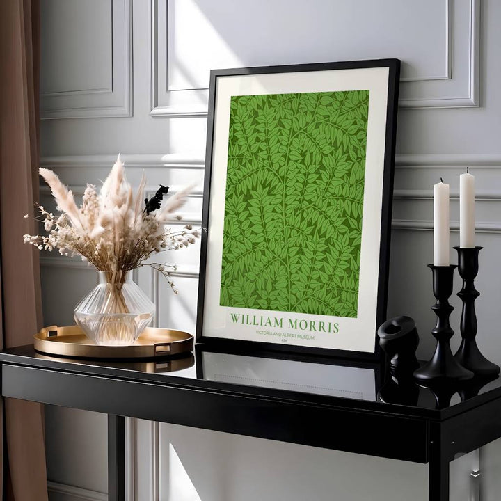 Elegant William Morris floral print capturing an 1875 vintage exhibition design with green ash leaf motifs to enhance traditional or modern home interior design.