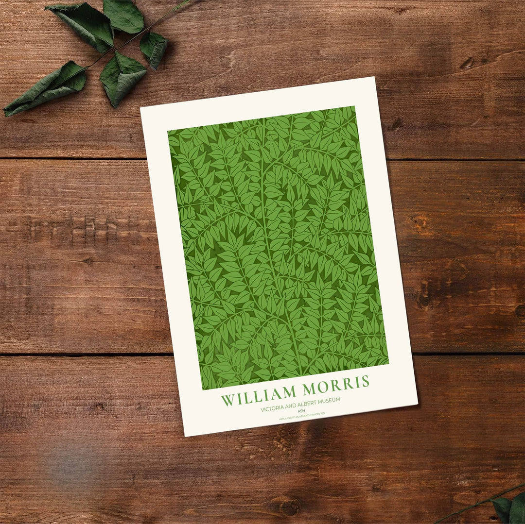 Authentic Arts and Crafts Ash design print by William Morris, bringing organic energy, refined English heritage art, and crisp natural green contrast into cozy home living spaces.