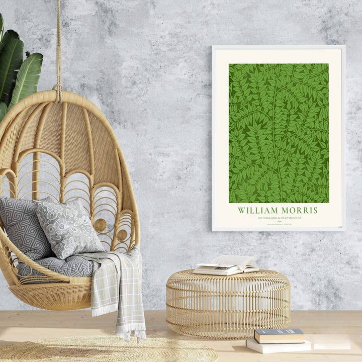 Authentic Arts and Crafts Ash design print by William Morris, bringing organic energy, refined English heritage art, and crisp natural green contrast into cozy home living spaces.
