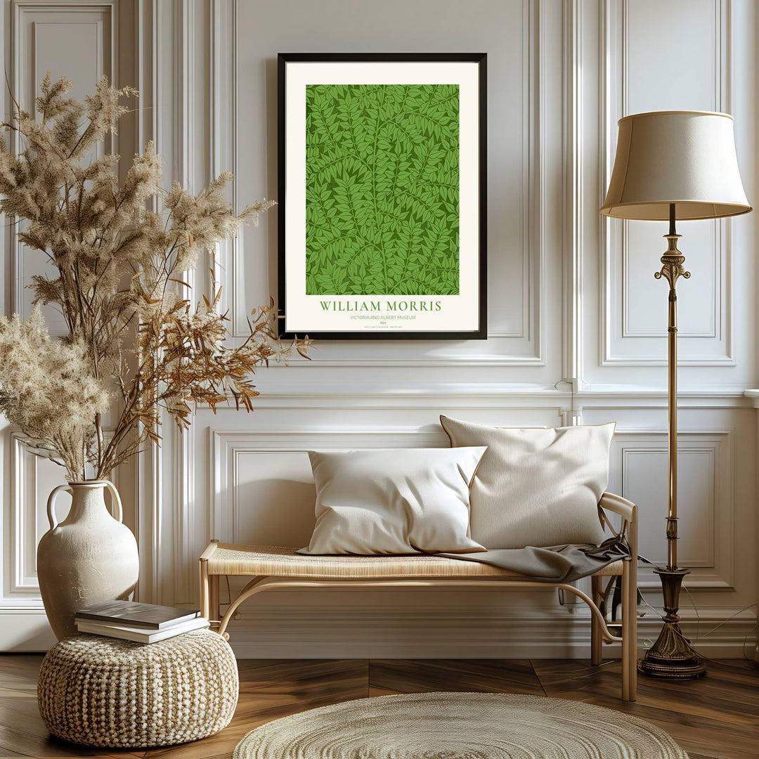 Fine graphic print featuring the detailed textile art of William Morris titled Ash, serving as a sophisticated centerpiece for Victorian, cottagecore, or biophilic room decor themes.