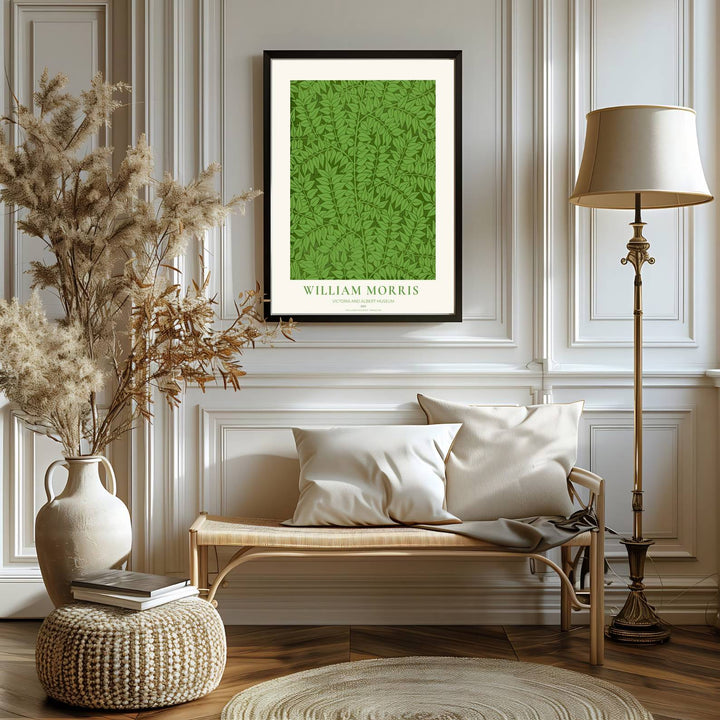 Fine graphic print featuring the detailed textile art of William Morris titled Ash, serving as a sophisticated centerpiece for Victorian, cottagecore, or biophilic room decor themes.