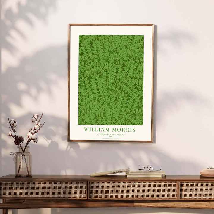 Archival visual print featuring William Morris Ash foliage patterns, offering clean museum text borders and dense leaf movement suitable for home library, hallway, or study accent walls.