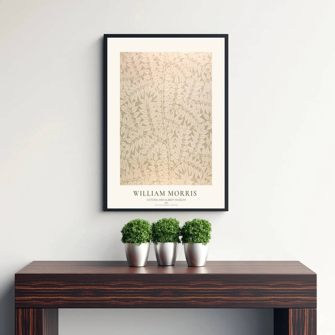 Fine art print showcasing the delicate leaf detailing of William Morris Ash, offering a subtle biophilic aesthetic with light cream foliage for serene living room decor.