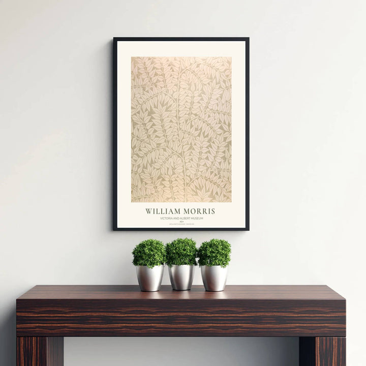 Fine art print showcasing the delicate leaf detailing of William Morris Ash, offering a subtle biophilic aesthetic with light cream foliage for serene living room decor.