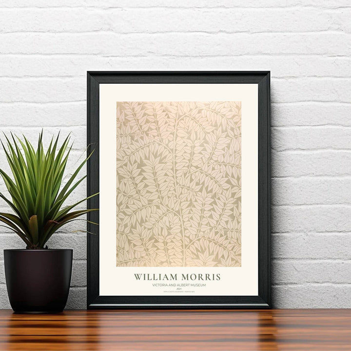 Historic artwork print of William Morris Ash, capturing stylized leaf silhouettes, subtle sage shading, and dense cream foliage backgrounds suited for bedroom, hallway, and office wall spaces.