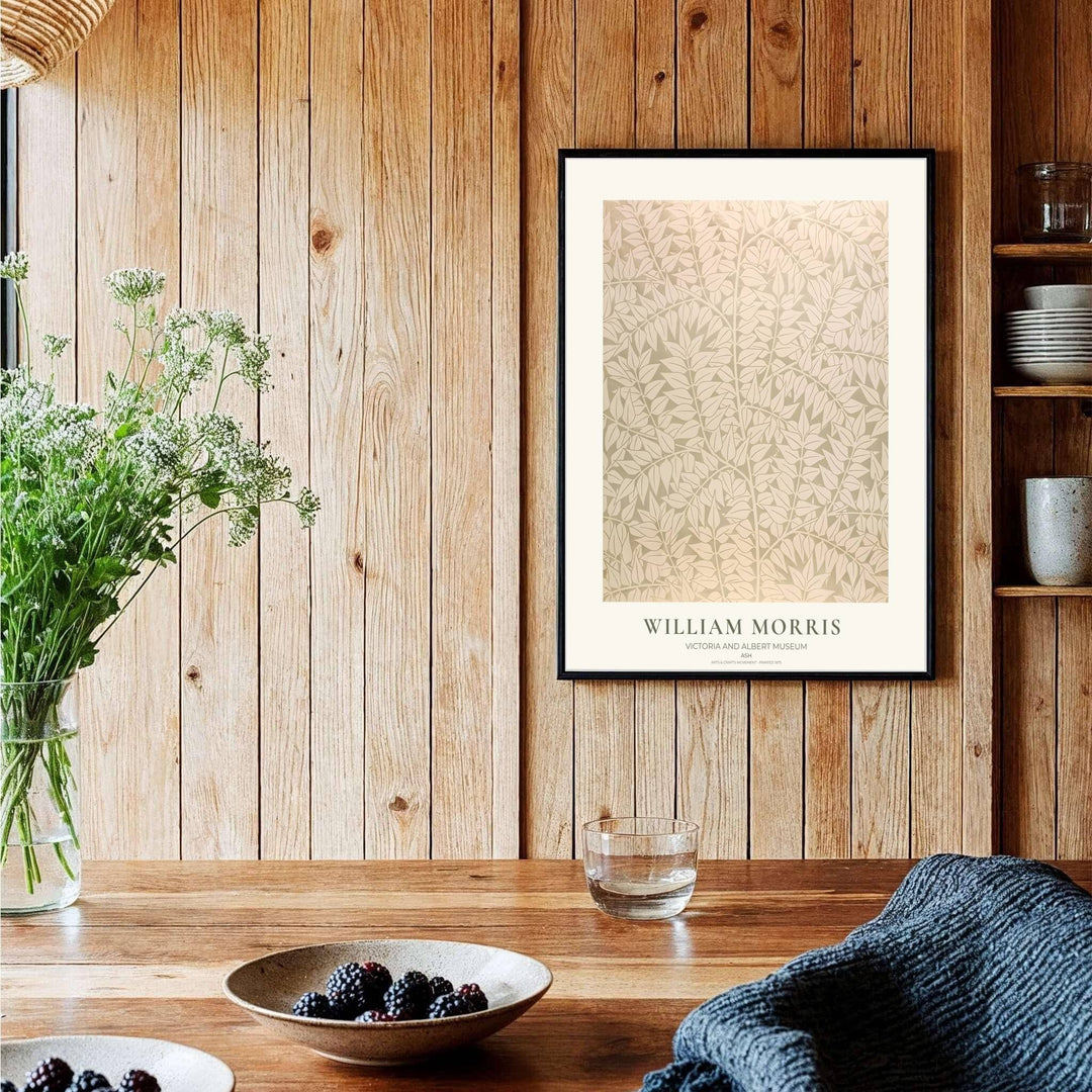 Historic artwork print of William Morris Ash, capturing stylized leaf silhouettes, subtle sage shading, and dense cream foliage backgrounds suited for bedroom, hallway, and office wall spaces.