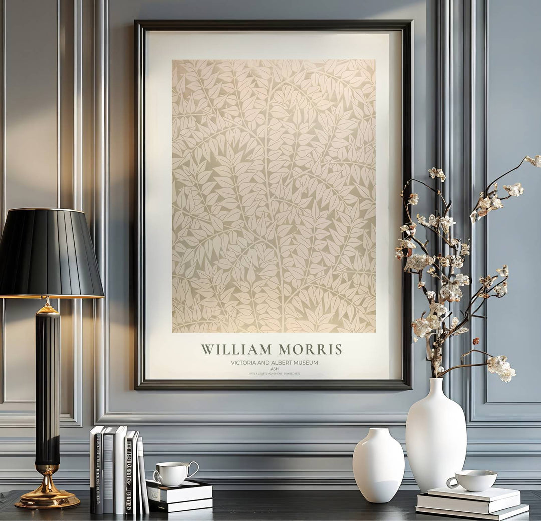 Beautiful Arts and Crafts Ash leaf motif print by William Morris, ideal for creating a peaceful focal point in hallways, studies, or dining areas seeking classic British heritage visual charm.