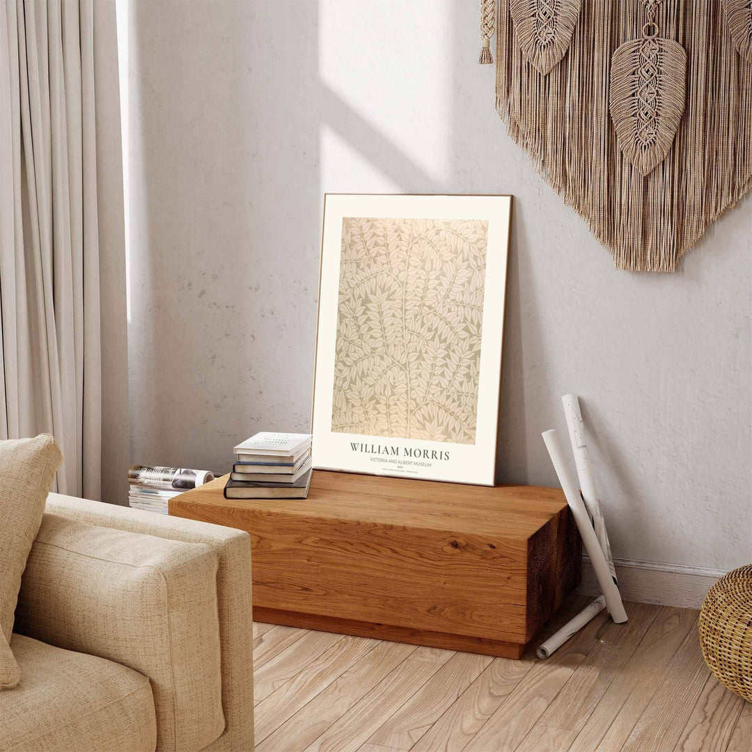 Detailed botanical illustration print displaying the dense foliage movement and overlapping ash leaves of William Morris, perfect for subtle wall arrangements and modern gallery collections.