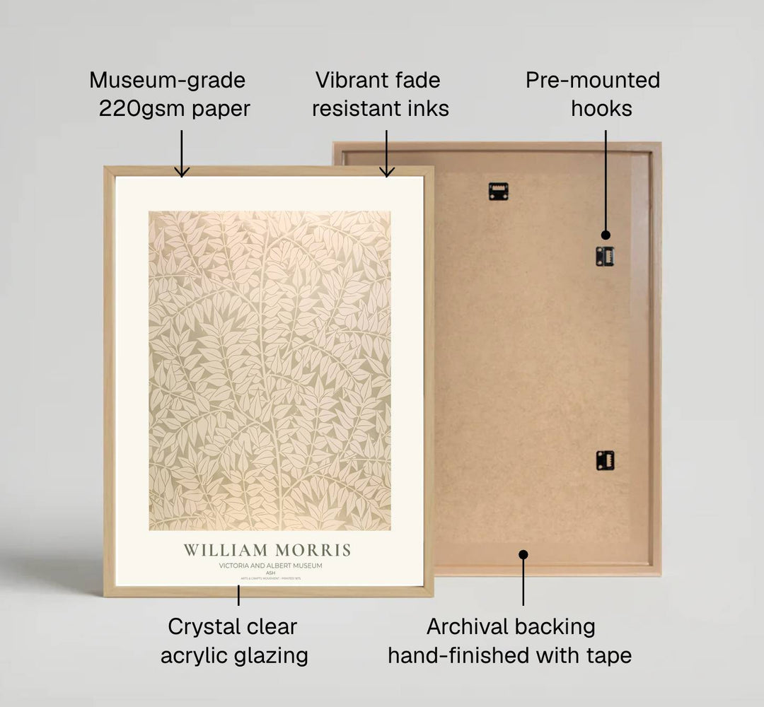 Timeless William Morris Ash botanical art print, combining fluid vintage movement with historic exhibition typography elements to suit versatile living room and bedroom interior decorating themes.