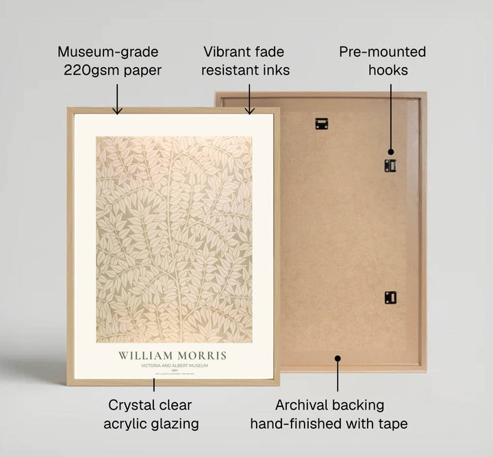 Timeless William Morris Ash botanical art print, combining fluid vintage movement with historic exhibition typography elements to suit versatile living room and bedroom interior decorating themes.