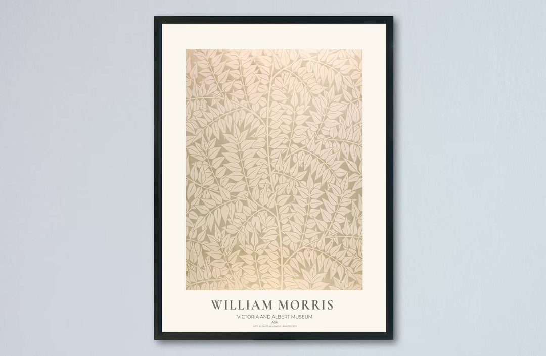 High definition graphic print of the renowned Ash design by William Morris, showcasing delicate foliage details and neutral sage green tones for lasting aesthetic appeal in residential spaces.