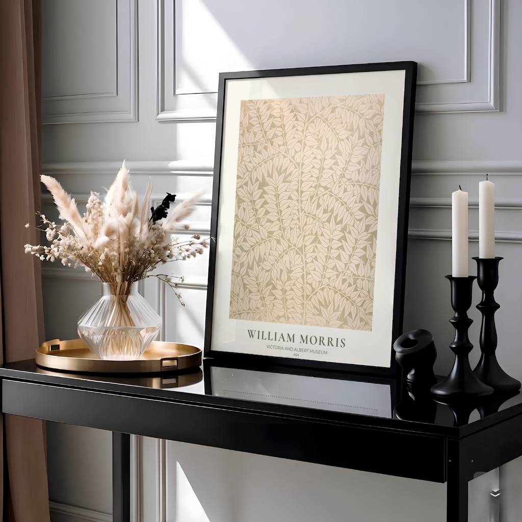 Detailed artwork print rendition of the iconic William Morris Ash poster, highlighting muted sage green, beige, and cream tones ideal for quiet bedroom and home office focal points.
