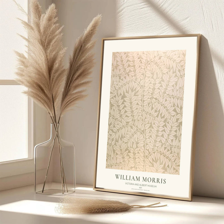Historic poster print of the famous William Morris Ash design, showing fine museum exhibition text at the base and full botanical artistry across the main sheet for decorative wall display.