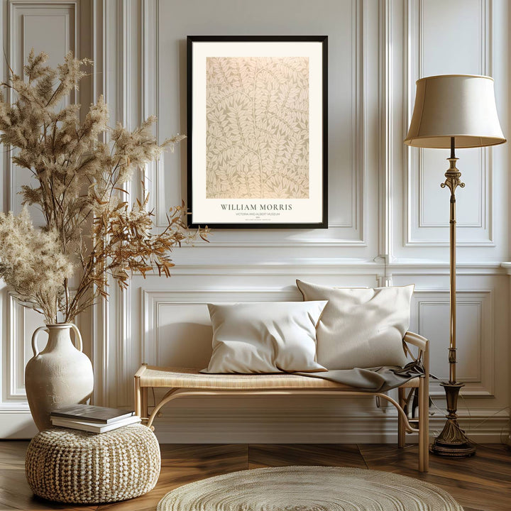 Decorative artwork print of William Morris Ash featuring dense leaf background fills, soft beige highlights, and a clean cream border suitable for luxury interior styling and wall displays.