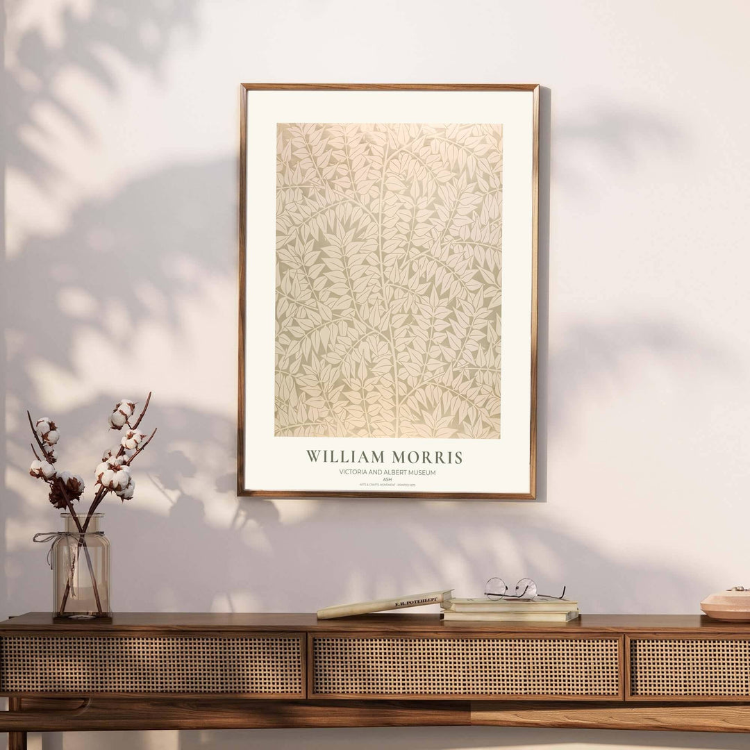 Authentic Arts and Crafts Ash design print by William Morris, bringing organic energy, refined English heritage art, and soft sage green contrast into cozy home living spaces.