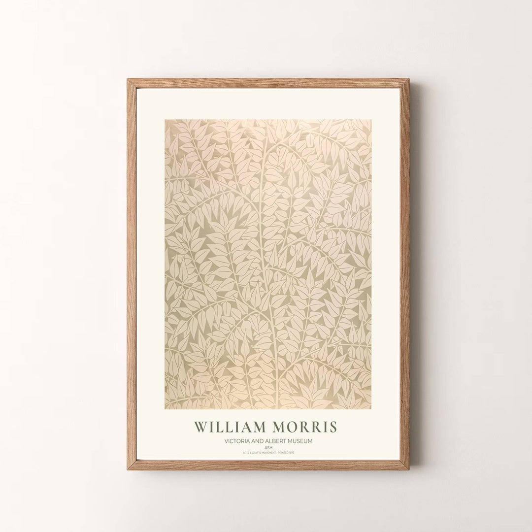 Fine graphic print featuring the detailed textile art of William Morris titled Ash, serving as a sophisticated centerpiece for Victorian, cottagecore, or neutral room decor themes.