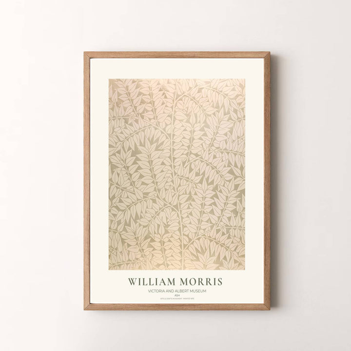 Fine graphic print featuring the detailed textile art of William Morris titled Ash, serving as a sophisticated centerpiece for Victorian, cottagecore, or neutral room decor themes.