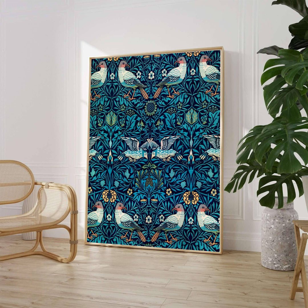 Premium heritage botanical print of the historic Bird Woven Wool layout by William Morris, ideal for styling sophisticated interior spaces or building an eclectic vintage art poster collection across home rooms.