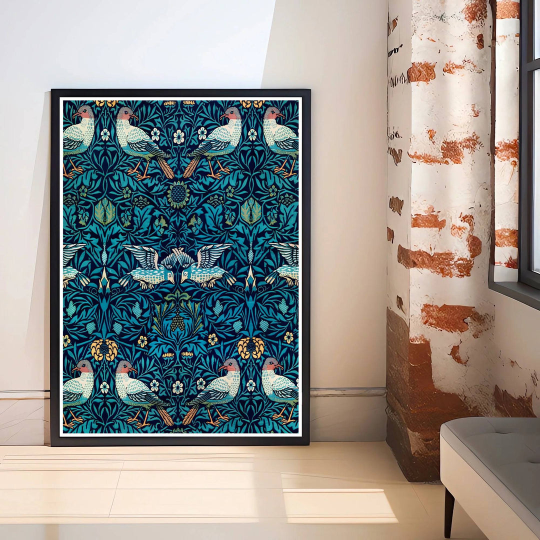Detailed artwork print rendition of the iconic William Morris Bird Woven Wool poster, highlighting rich teal, powder blue, ochre, and turquoise tones ideal for bedroom and home office focal points.