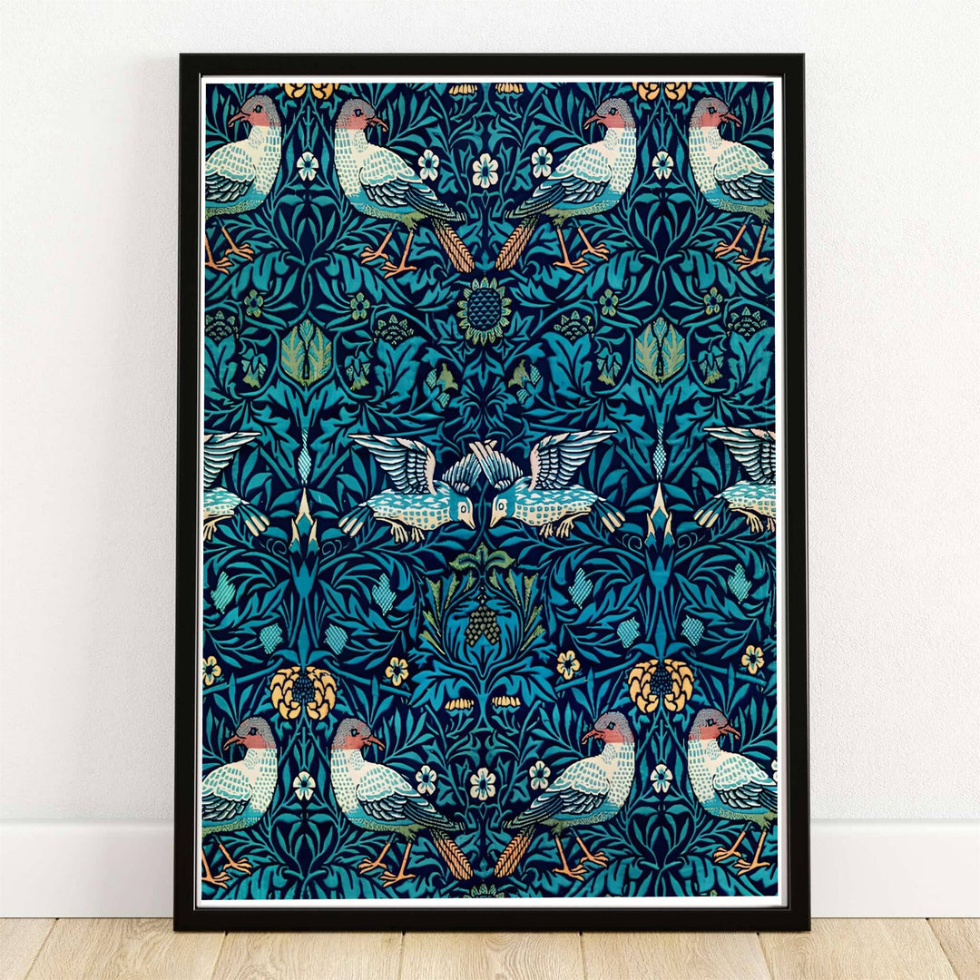 High quality William Morris Bird Woven Wool teal tapestry print displaying symmetrical bird motifs, turquoise acanthus leaves, and cream floral details perfect for living room wall decor.