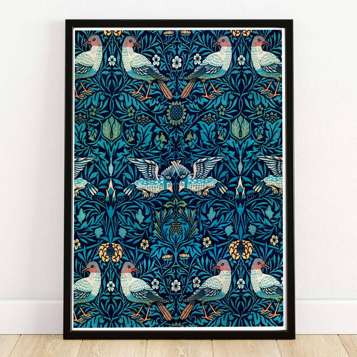 High quality William Morris Bird Woven Wool teal tapestry print displaying symmetrical bird motifs, turquoise acanthus leaves, and cream floral details perfect for living room wall decor.