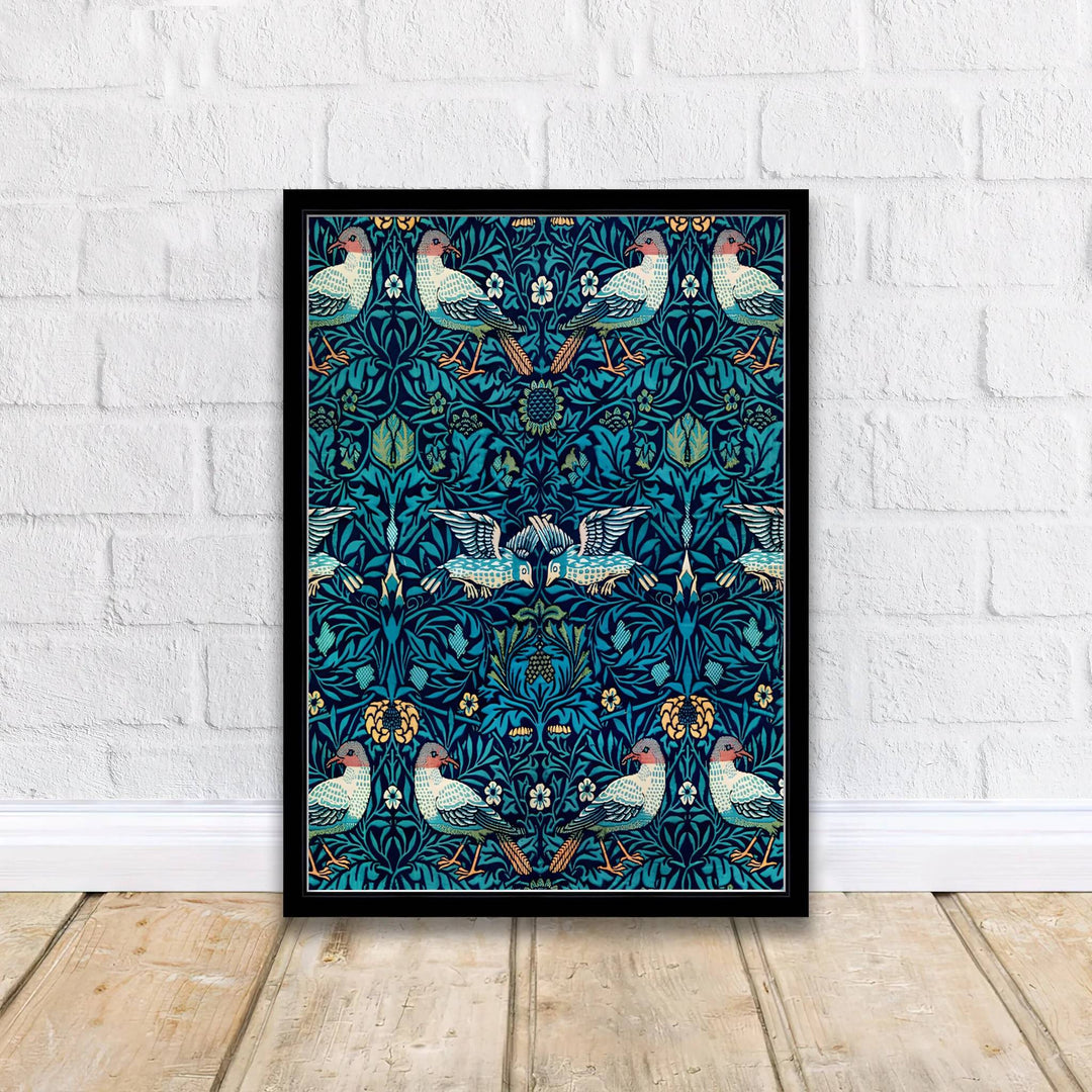Modern decorative floral print of William Morris Bird Woven Wool featuring detailed paired birds and dense teal leaf patterns, ideal for contemporary wall decoration and dramatic living areas.