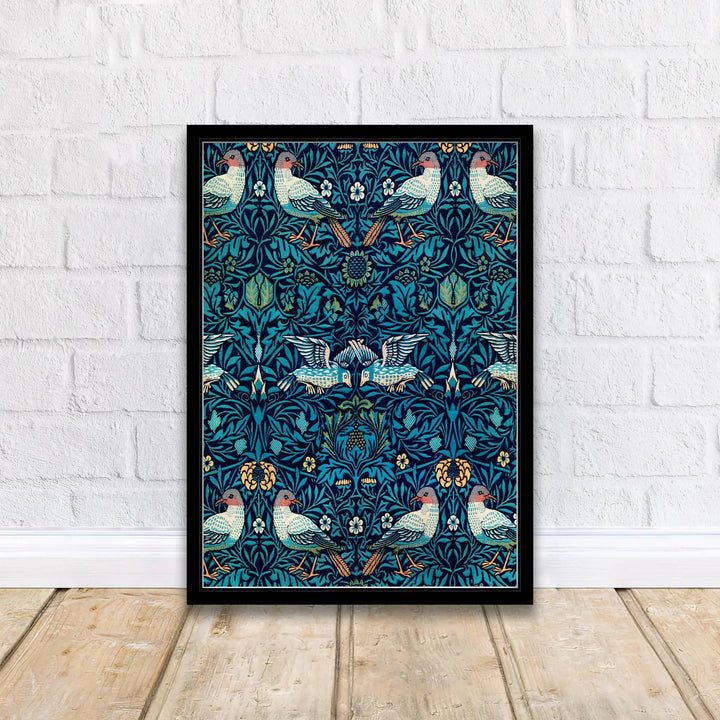 Modern decorative floral print of William Morris Bird Woven Wool featuring detailed paired birds and dense teal leaf patterns, ideal for contemporary wall decoration and dramatic living areas.